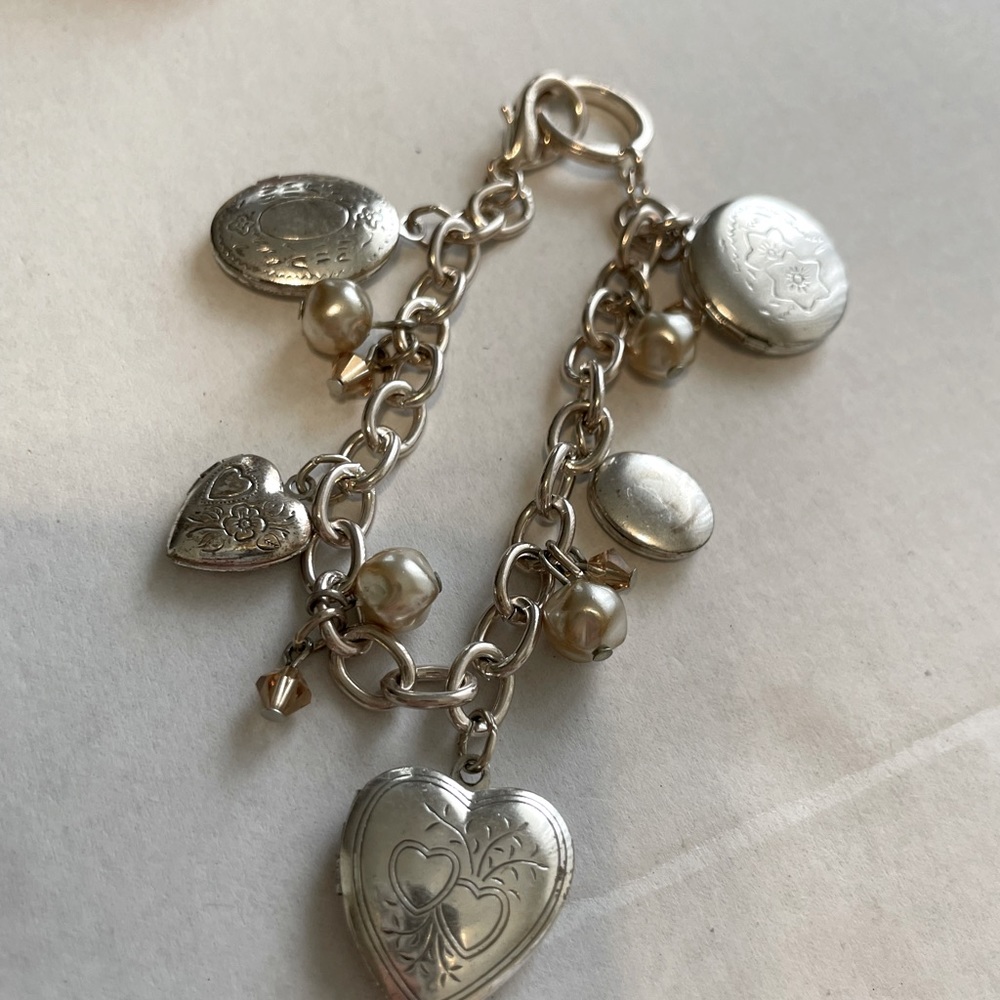 Silvertone 5 Locket Charm Bracelet. Crystal and Freshwater Pearl accents.